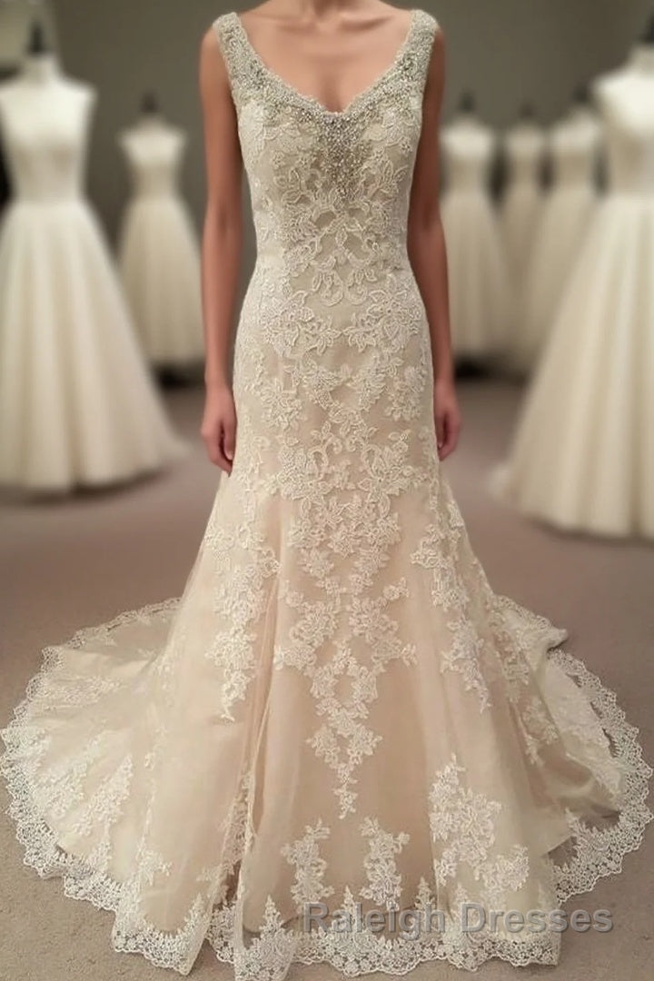 Mermaid Long Champagne Bridal Dress with Lace