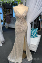 High Slit Blue Sequins Straps Mermaid Prom Dresses