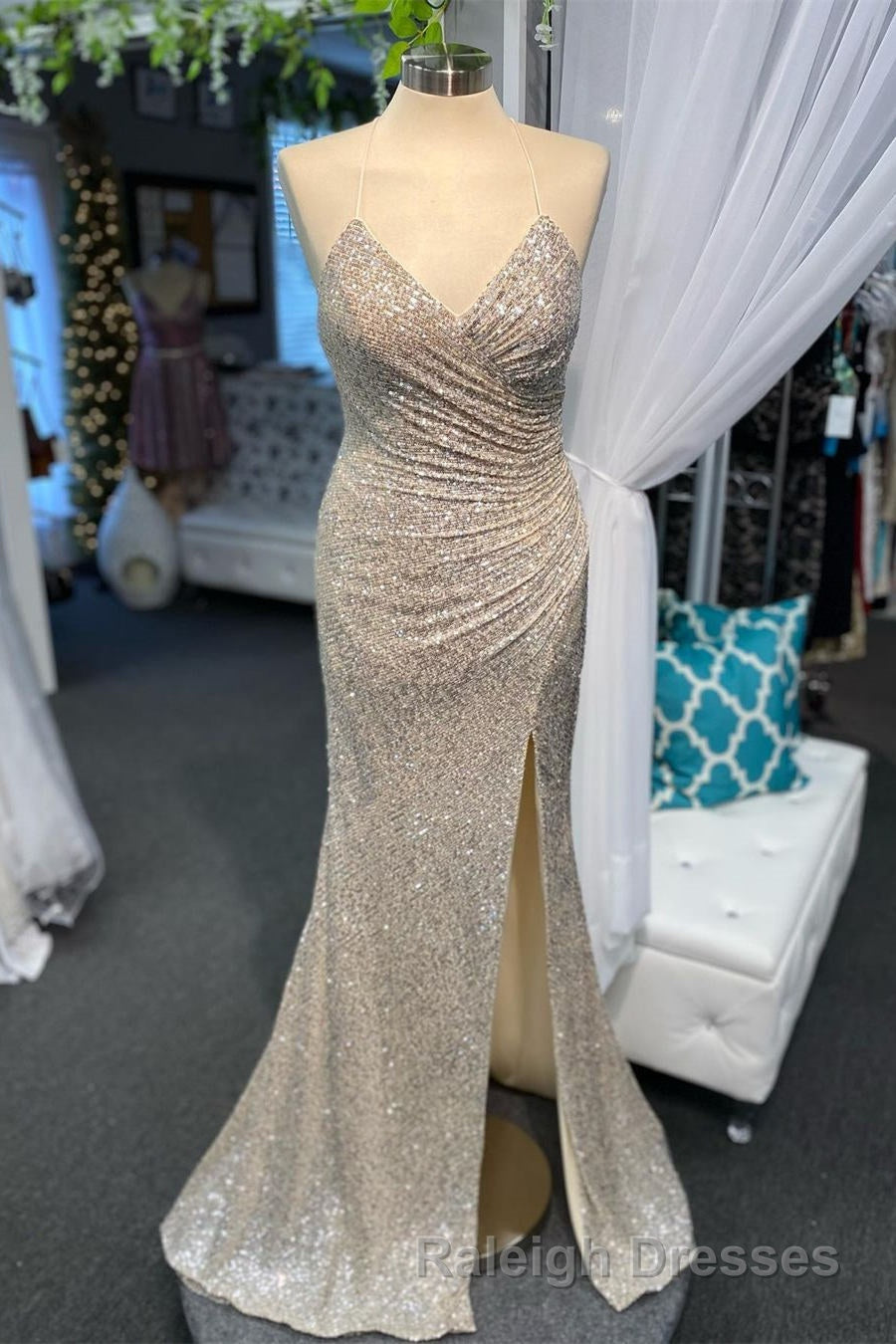 High Slit Blue Sequins Straps Mermaid Prom Dresses