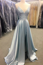 Light Blue Lace Lace-Up Back A Line Prom Dress with Slit