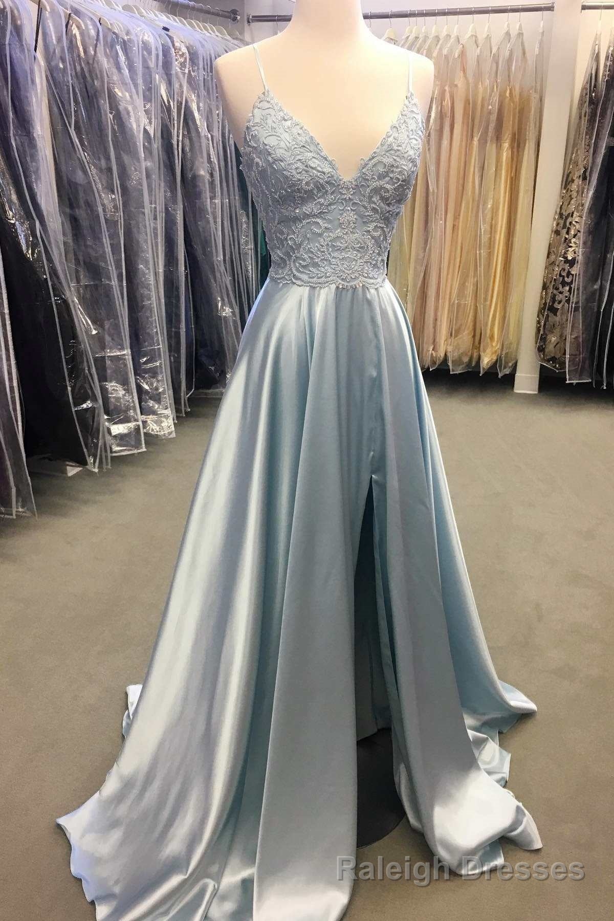 Light Blue Lace Lace-Up Back A Line Prom Dress with Slit
