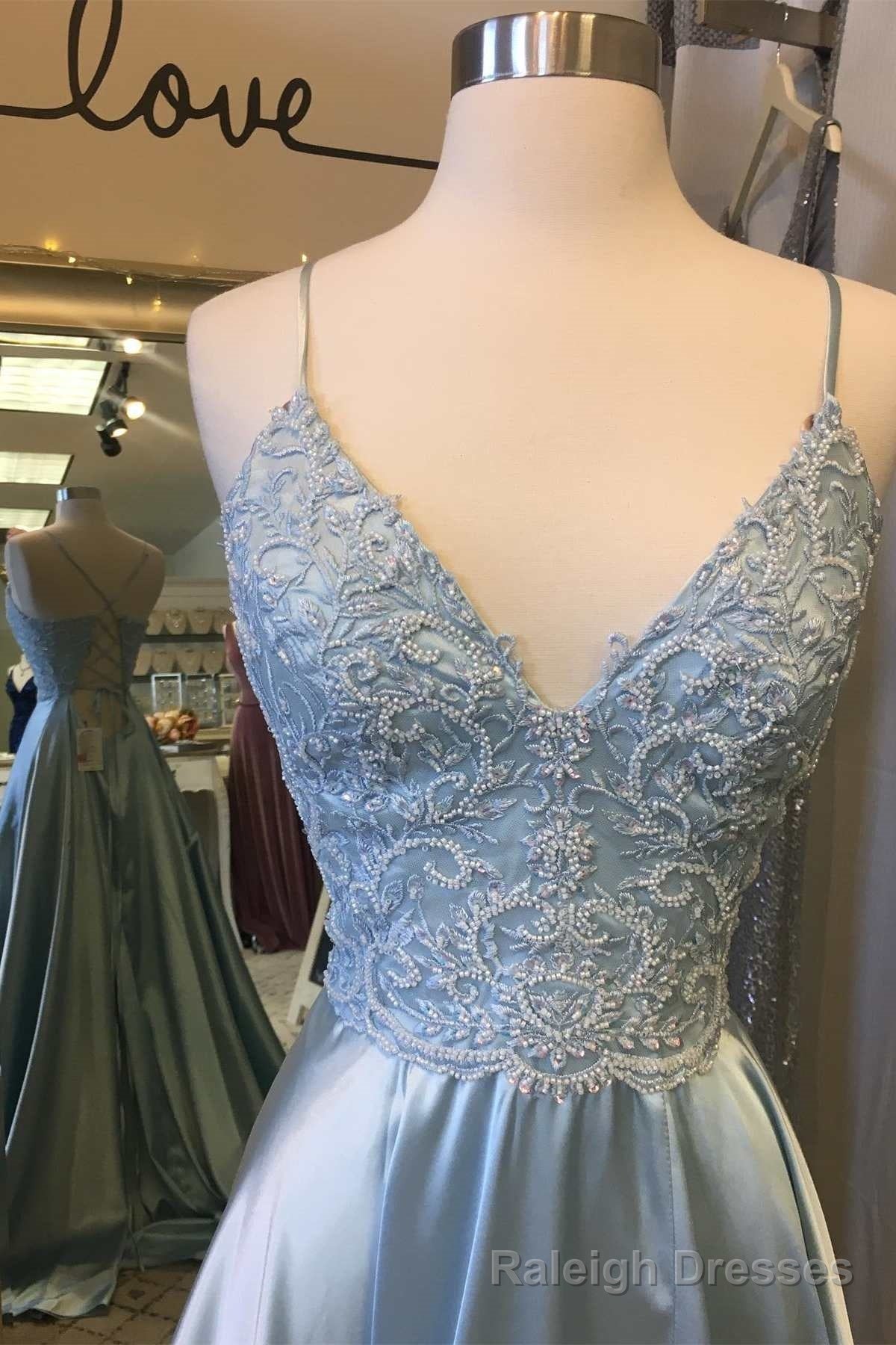 Light Blue Lace Lace-Up Back A-Line Prom Dress with Slit Secondary image