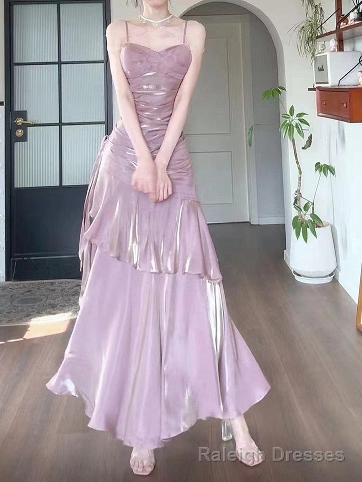 Pink Satin Straps Long Party Dress, Pink Satin Chic Prom Dress Evening Dress Secondary image