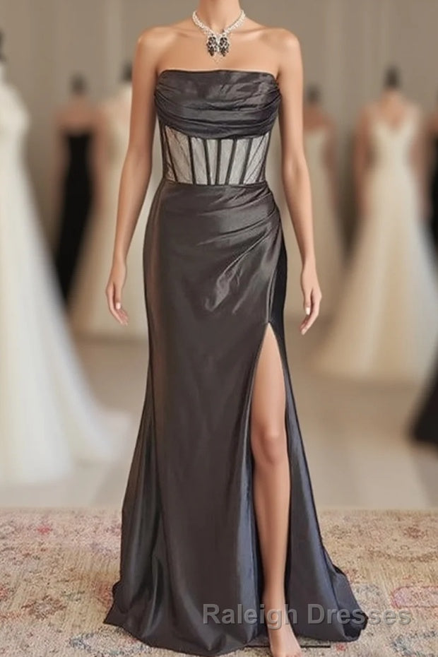 Black Strapless Mermaid Satin Long Prom Dress with Slit