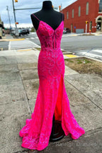 Neon Pink Floral Lace V Neck Mermaid Long Formal Dress with Slit