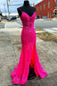 Neon Pink Floral Lace V Neck Mermaid Long Formal Dress with Slit