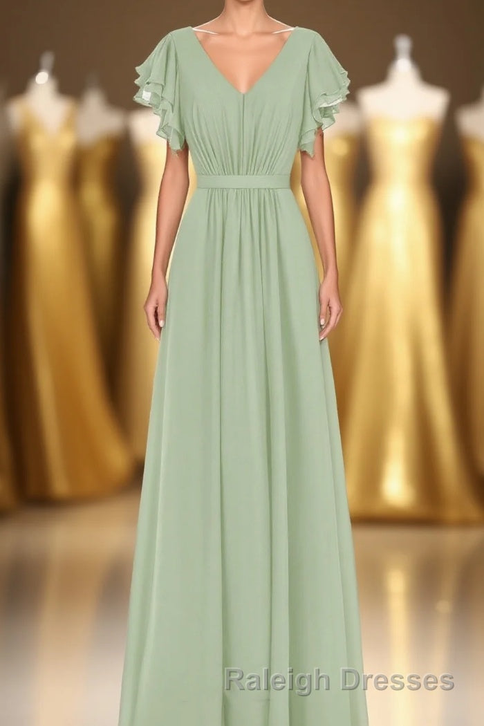 Elegant Sage Green Ruffled A Line Long Bridesmaid Dresses Main image