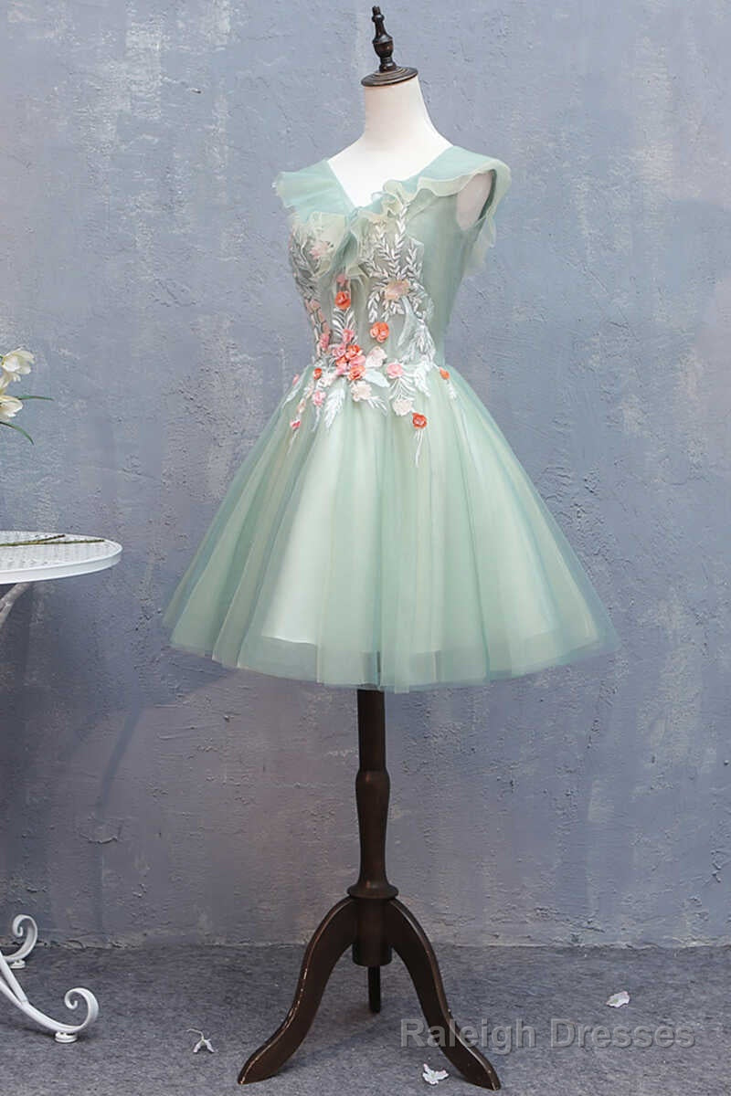 Light Green Appliques V Neck A Line Short Homecoming Dress