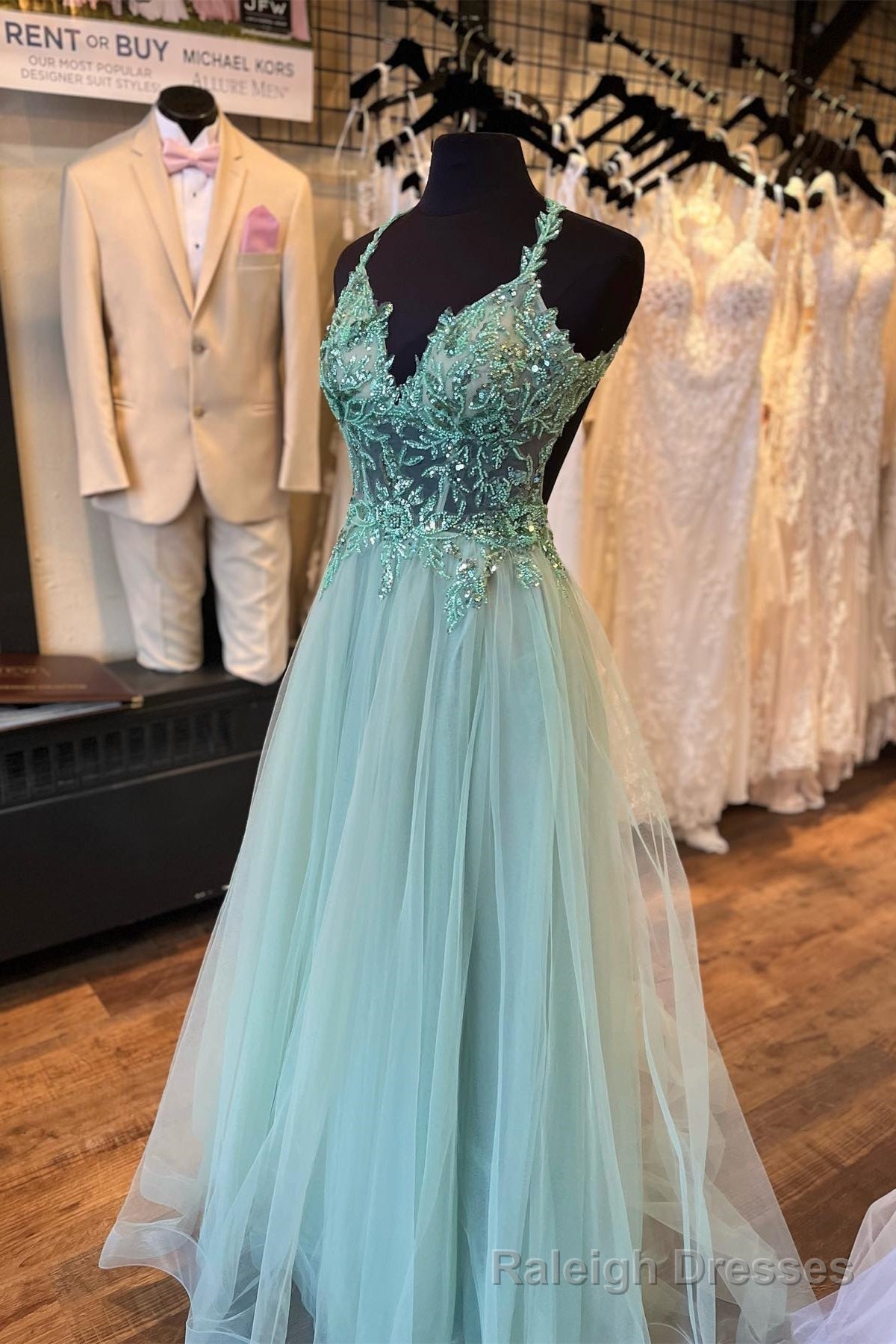 Dusty Sage Flower Straps Beaded V Neck Long Prom Dress Main image
