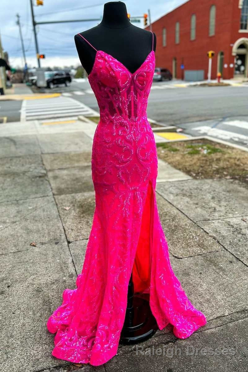 Neon Pink Floral Lace V-Neck Mermaid Long Formal Dress with Slit