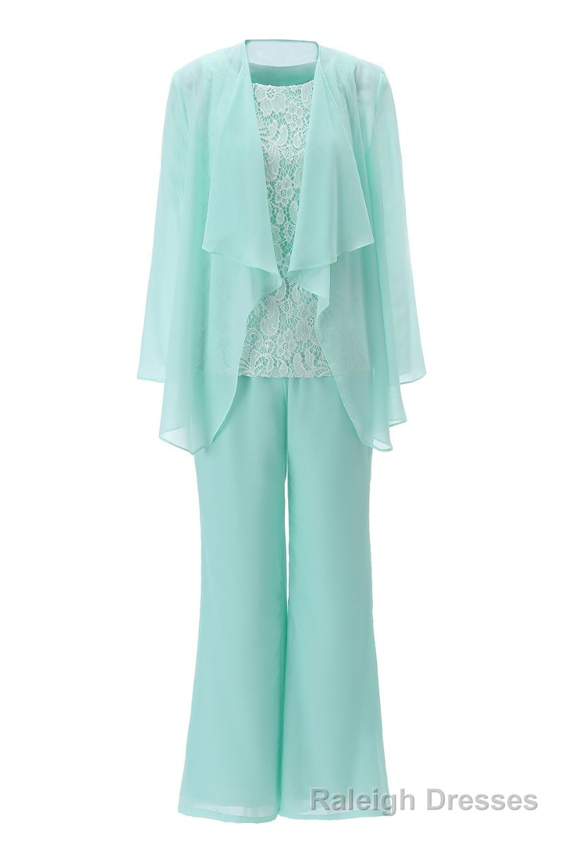 Aqua Three-Piece Chiffon Mother of the Bride Pant Suits