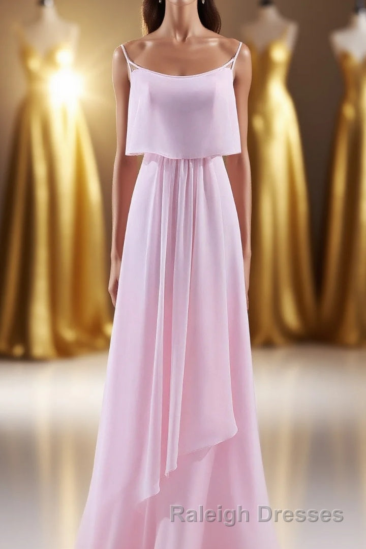 Pink Flounce Chiffon Straps A-line Long Bridesmaid Dress Main image