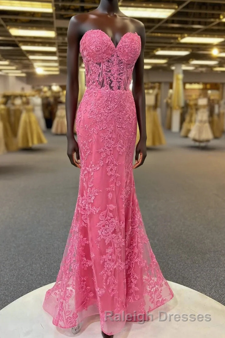 Hot Pink Appliques Strapless Mermaid Long Prom Dresses Main image