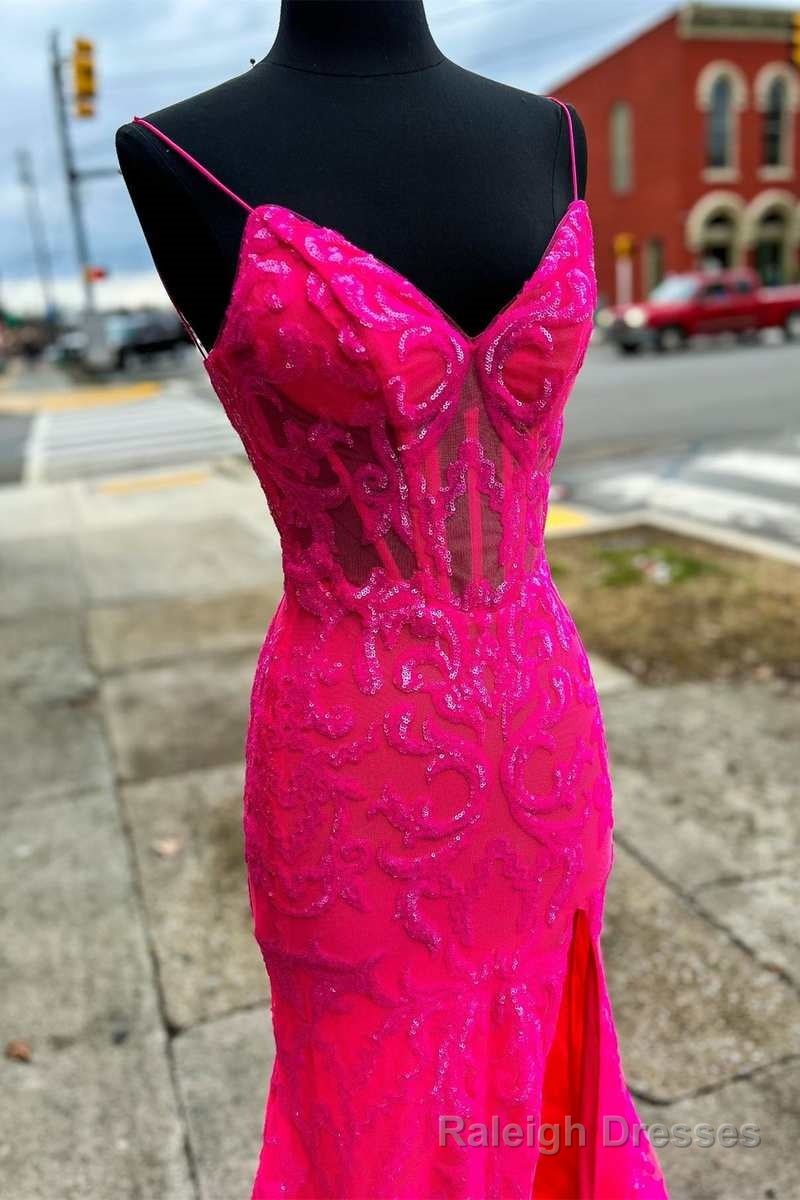 Neon Pink Floral Lace V Neck Mermaid Long Formal Dress with Slit Secondary image