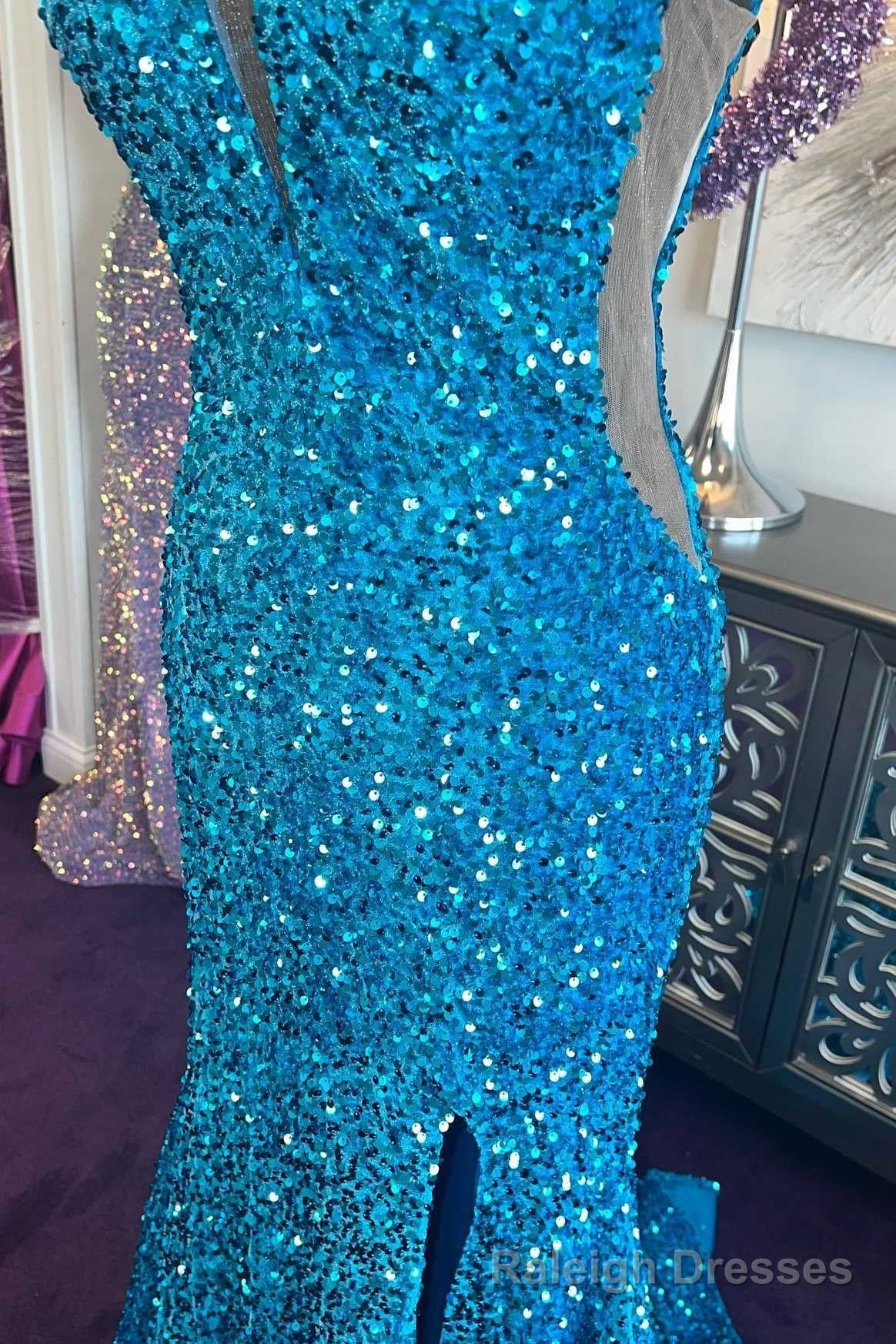 Blue Sequin Plunge V Mermaid Long Prom Dress with Slit Secondary image