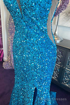 Blue Sequin Plunge V Mermaid Long Prom Dress with Slit