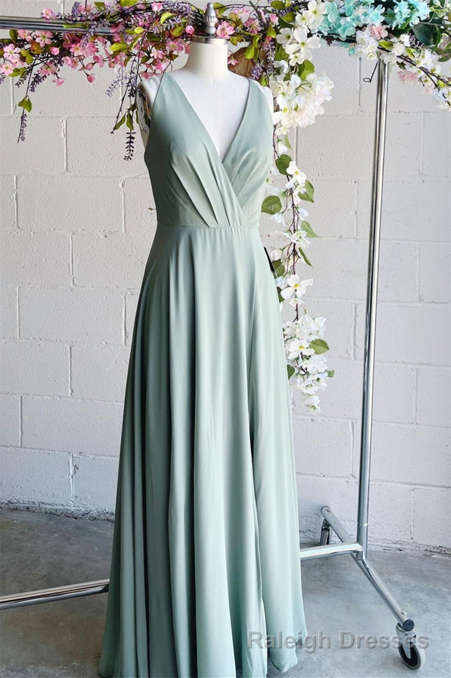 Light Green A-line V Neck Pleated Sleeveless Chiffon Long Bridesmaid Dress Main image
