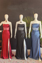 Black Strapless Mermaid Satin Long Prom Dress with Slit