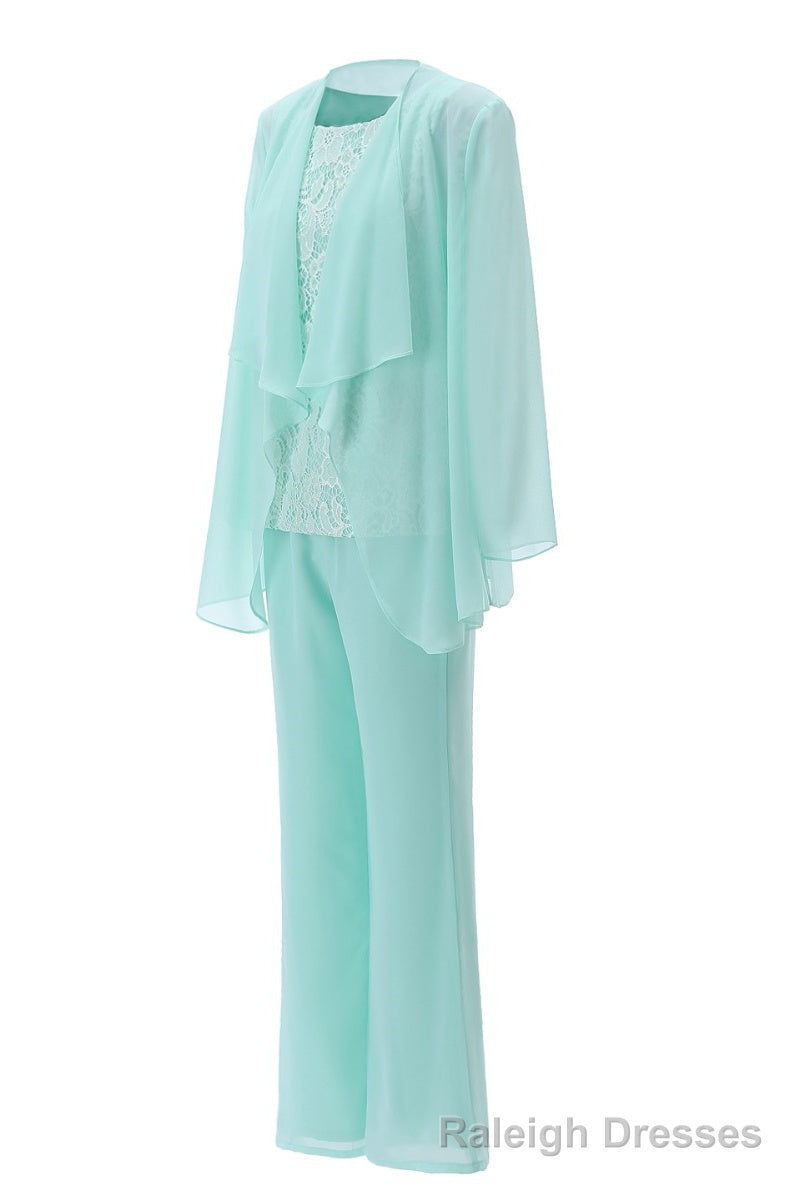 Aqua Three-Piece Chiffon Mother of the Bride Pant Suits