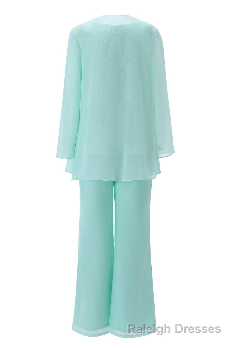 Aqua Three-Piece Chiffon Mother of the Bride Pant Suits