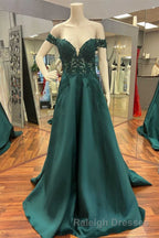 Hunter Green Lace Off-the-Shoulder A Line Long Prom Dresses