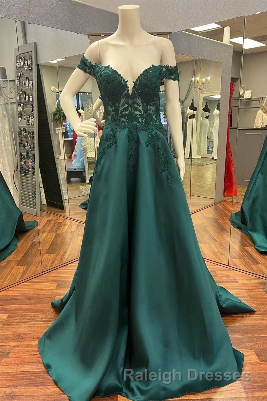 Hunter Green Lace Off-the-Shoulder A Line Long Prom Dresses