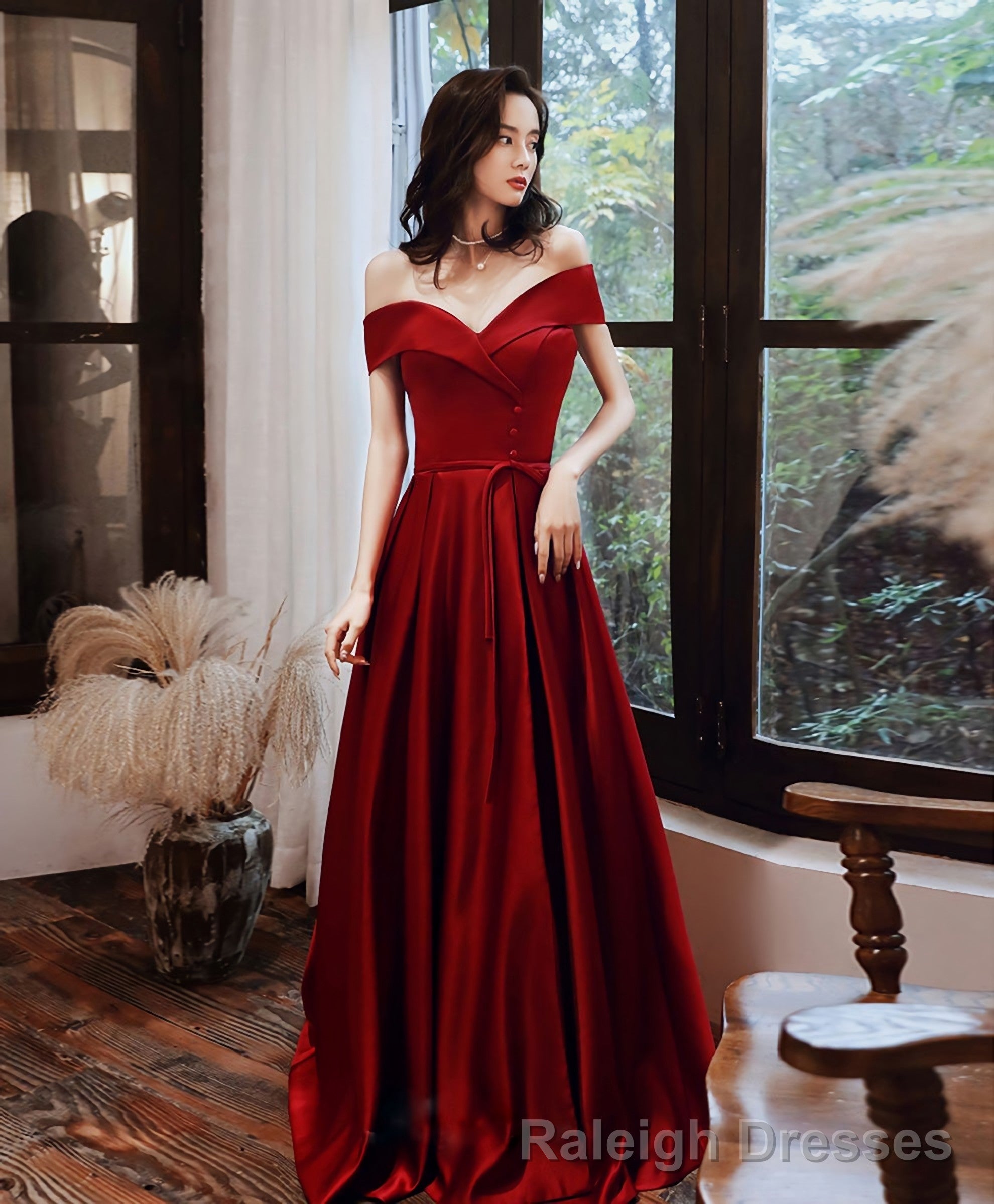 Simple V Neck Off Shoulder Satin Long Prom Dress Evening Dress