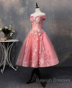 Pink Tulle Lace Off Shoulder Short Prom Dresses Pink Homecoming Dresses