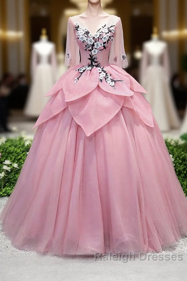 Pink V Neck Tulle Lace Applique Long Prom Dress, Pink Evening Dress, 1 Main image