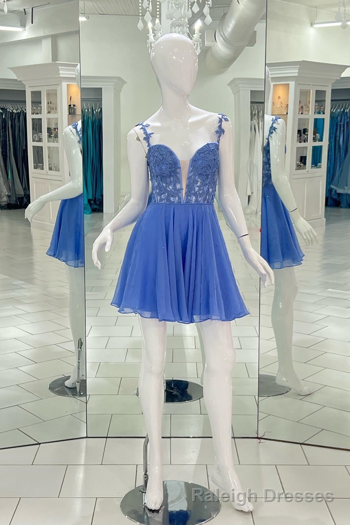 Blue Deep V Neck Straps A Line Appliques Chiffon Homecoming Dress Secondary image