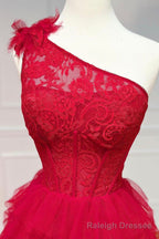 Red Tulle Lace Long Prom Dresses, One Shoulder Prom Dresses