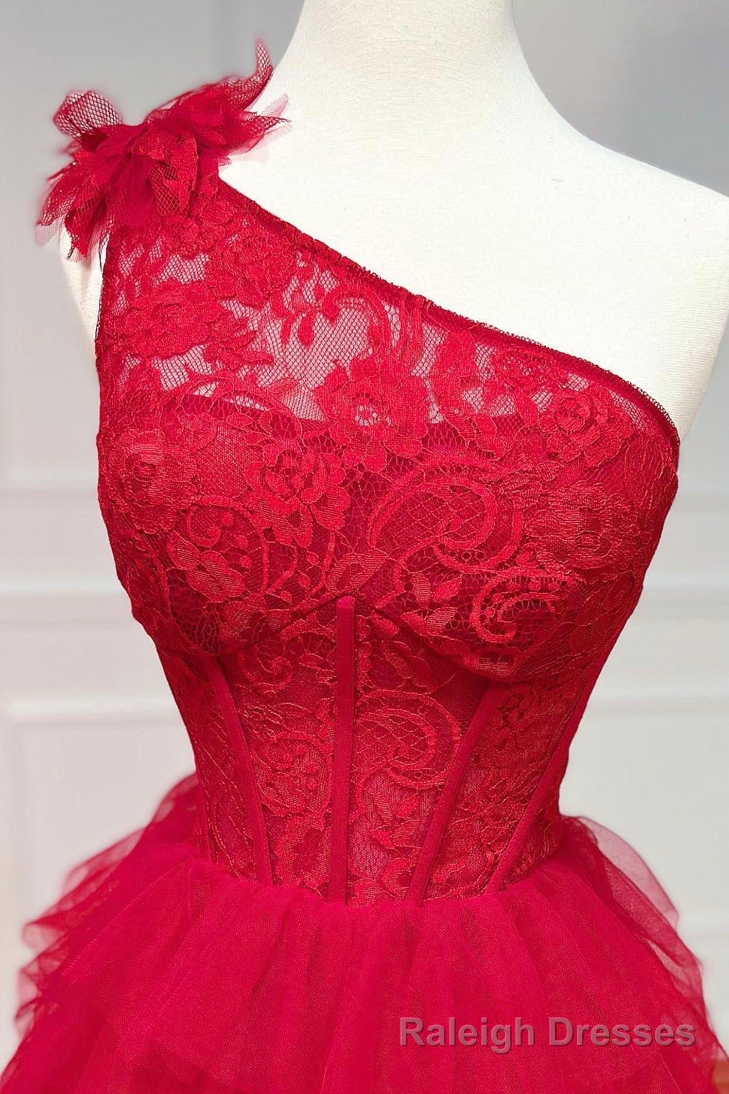 Red Tulle Lace Long Prom Dresses, One Shoulder Prom Dresses