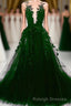 Dark Green Tulle With Lace Deep Neckline Backless Prom Dress, Dark Green Party Dress