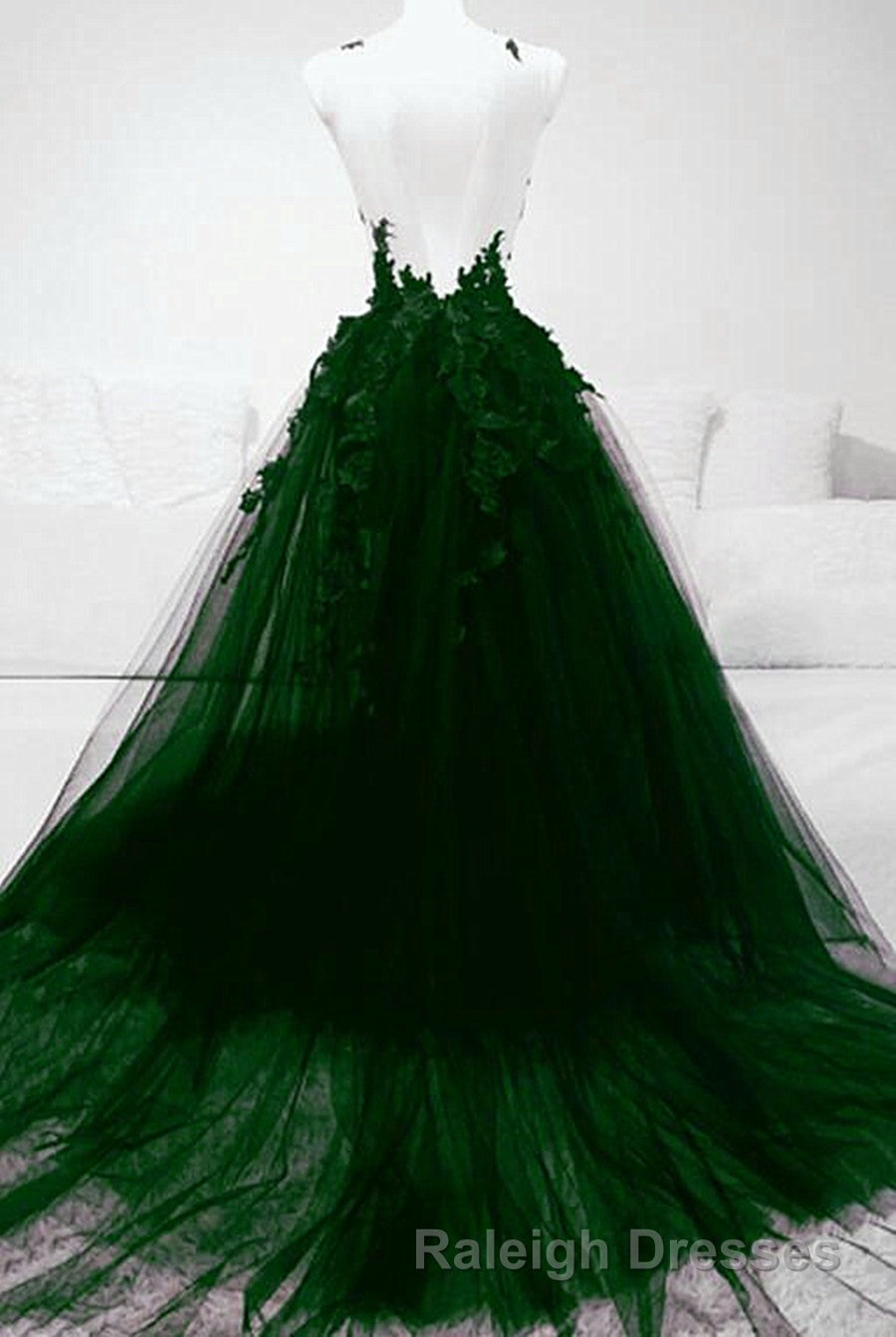 Dark Green Tulle With Lace Deep Neckline Backless Prom Dress, Dark Green Party Dress Secondary image