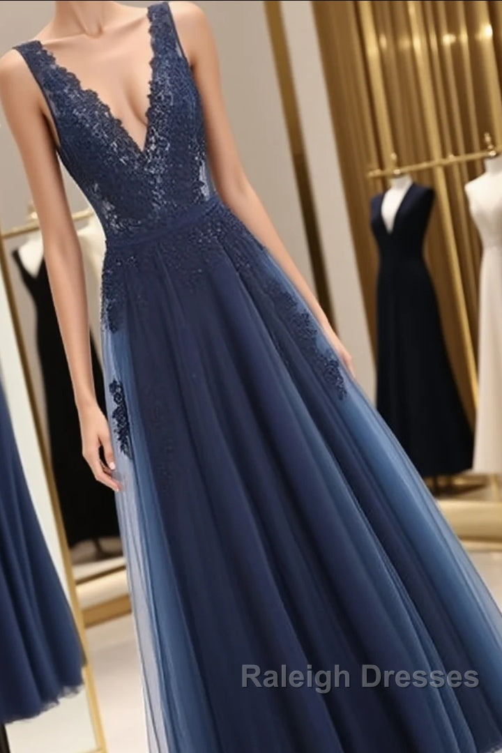 Glamorous Navy Blue Lace Tulle V Neck See Through Prom Dresses Main image