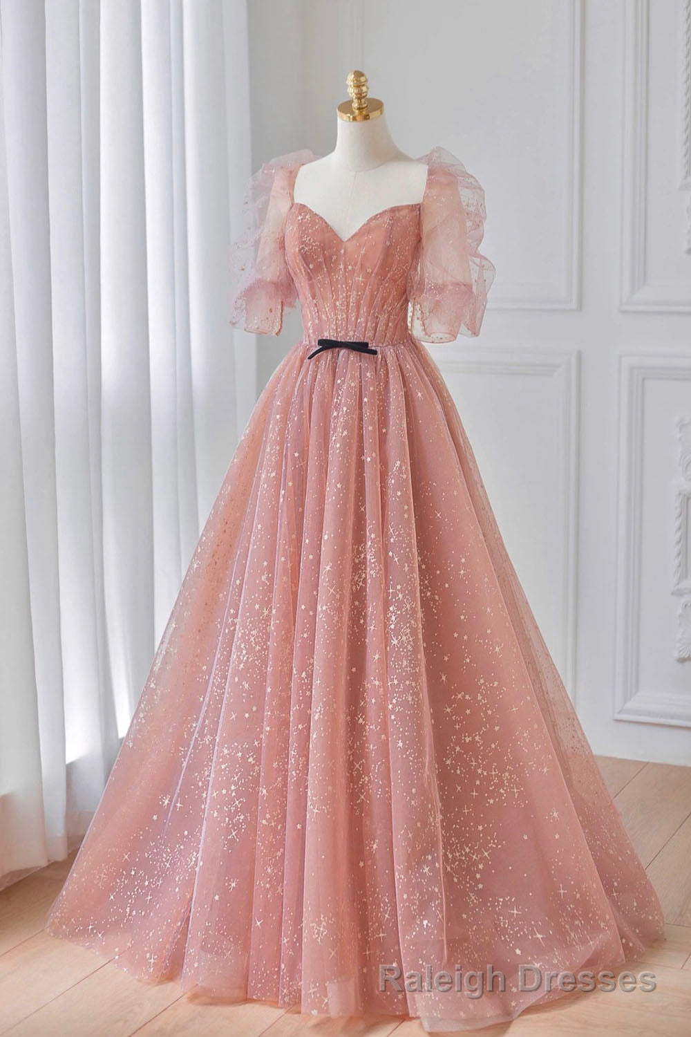 Pink Tulle Floor Length Prom Dress, Lovely Short Sleeve Graduation Party Dress Secondary image