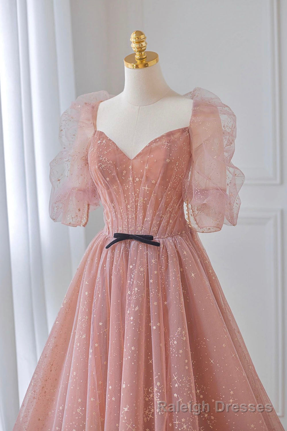 Pink Tulle Floor Length Prom Dress, Lovely Short Sleeve Graduation Prom Dress