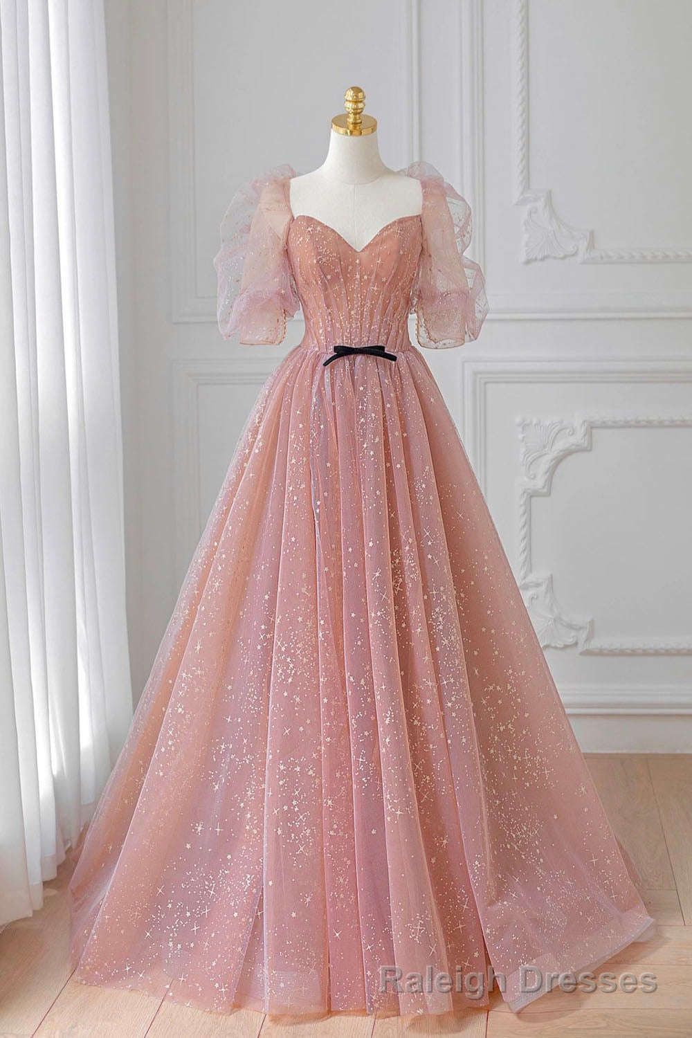 Pink Tulle Floor Length Prom Dress, Lovely Short Sleeve Graduation Party Dress Main image