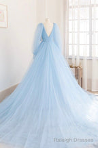 Blue V-Neck Tulle Long Prom Dress, Long Sleeve A-Line Evening Party Dress