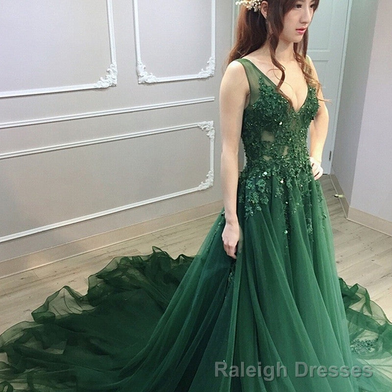 Dark Green Low Back Beaded Lace V Neckline Prom Dress, A Line Prom Dress Secondary image