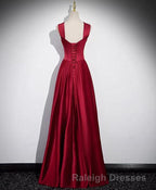 A Line Sleeveless Wine Red Satin Prom Dresses Wine Red Long Prom Dresses