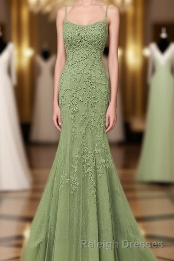 Lovely Sage Green Straps Mermaid Long Formal Dress, Lace-Up Evening Dress Prom Dress Main image