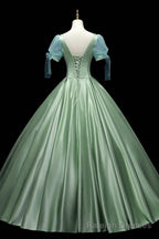 Green Satin Long A Line Ball Gowns, Green Short Sleeve Prom Gowns