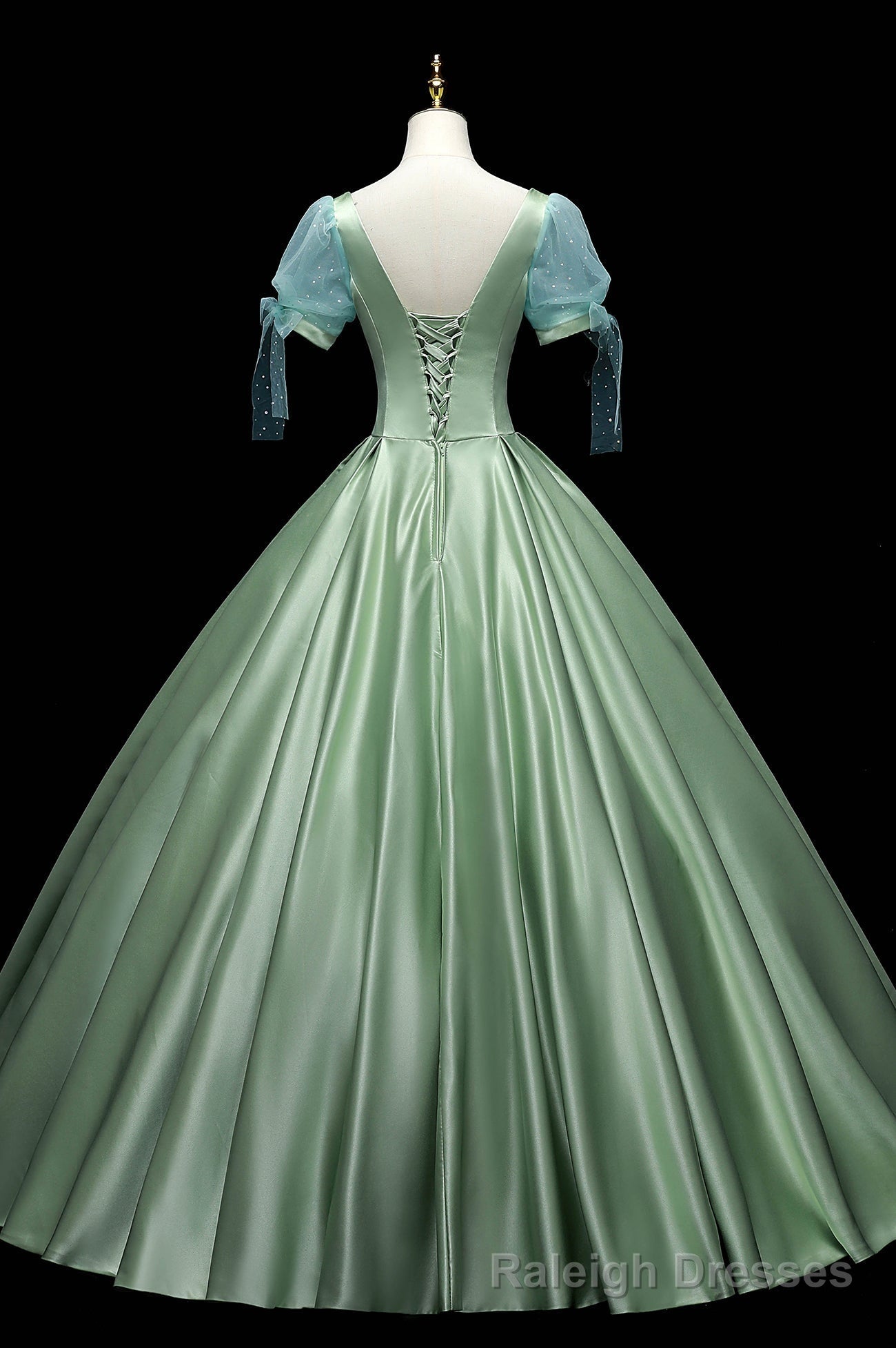 Green Satin Long A Line Ball Gowns, Green Short Sleeve Prom Gowns