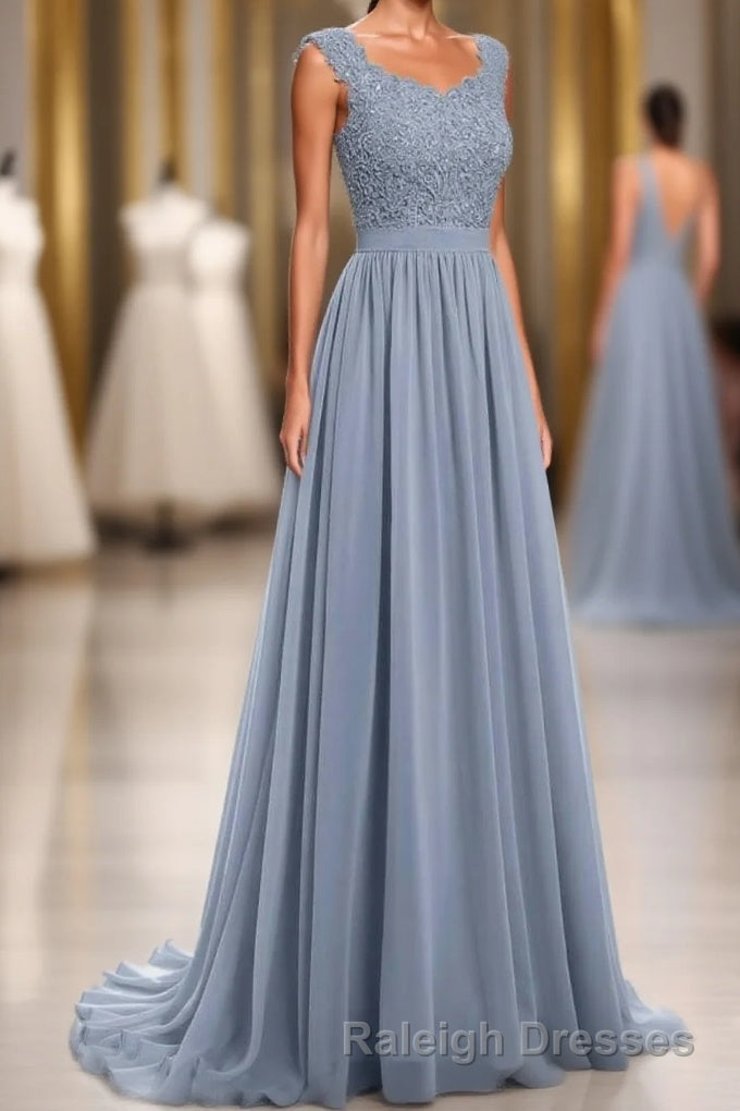 Dusty Blue Lace Cap Sleeve A-Line Floor-Length Bridesmaid Dress Main image