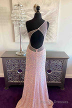 Pink Mermaid One Shoulder Sequins Keyhole Long Prom Dress with Slit