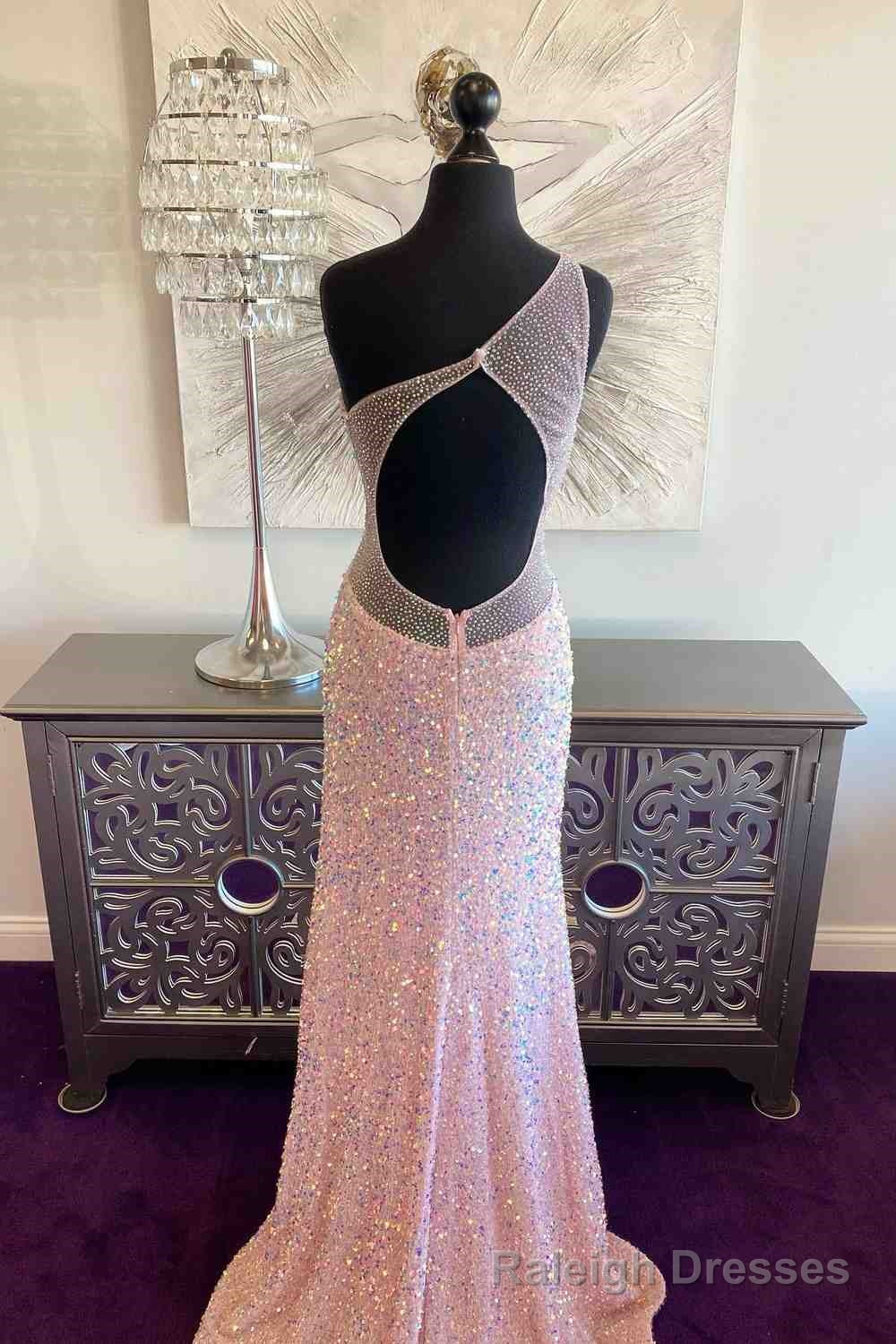 Pink Mermaid One Shoulder Sequins Keyhole Long Prom Dress with Slit