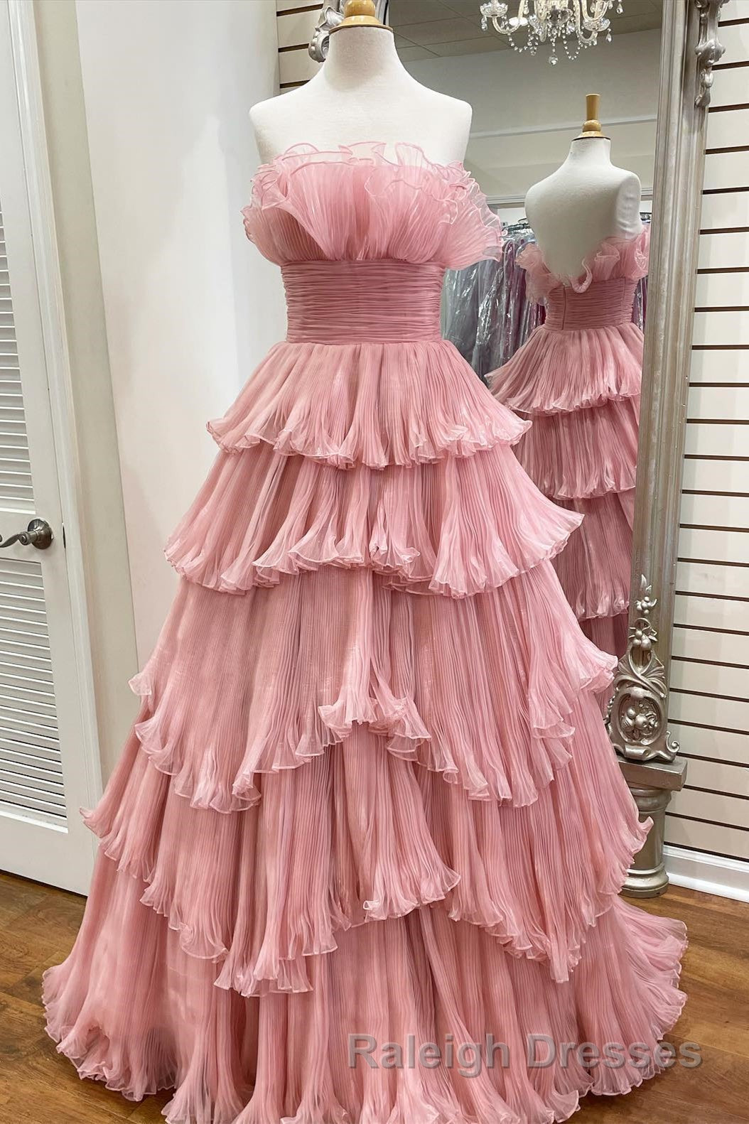 Candy Pink Tulle A-line Strapless Ruffles layers Long Prom Dress Secondary image