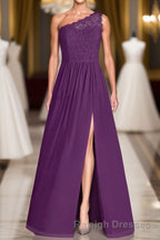 One Shoulder Purple Lace A Line Long Bridesmaid Dresses with Slit