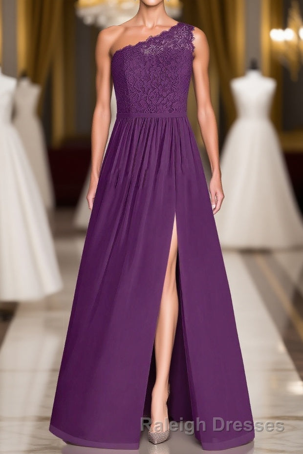 One Shoulder Purple Lace A Line Long Bridesmaid Dresses with Slit
